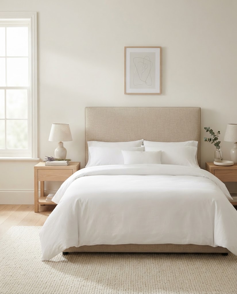 Bright modern bedroom with a beige linen headboard