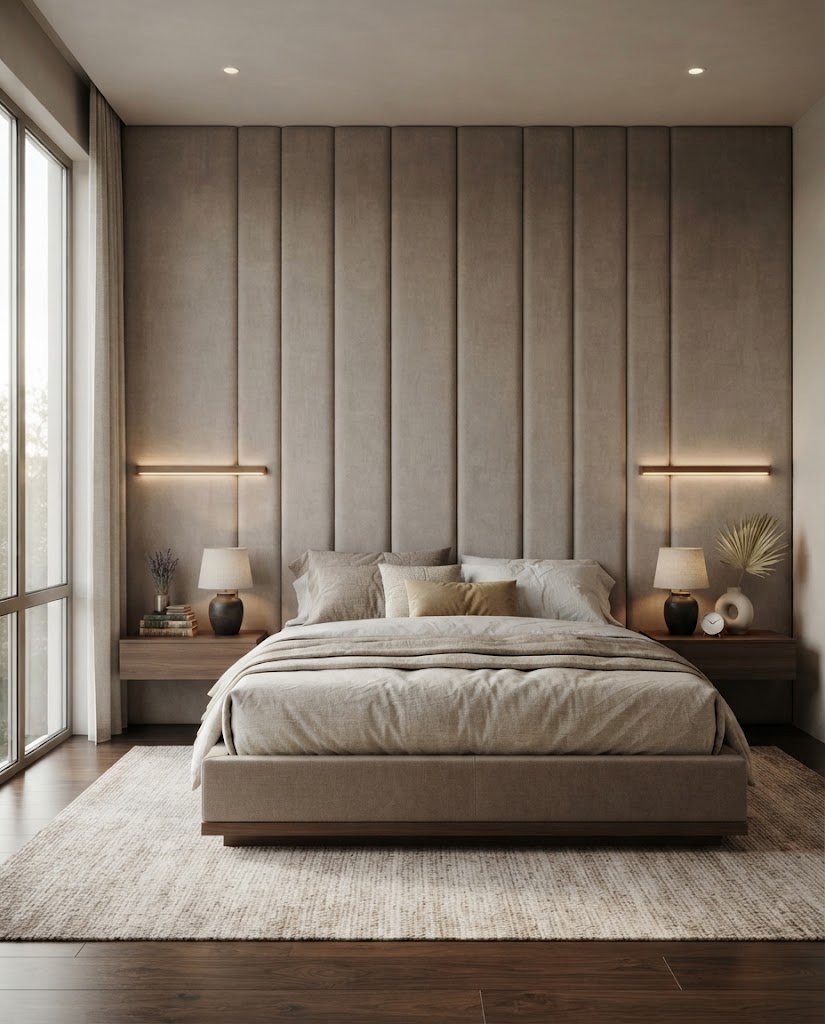 Luxury bedroom with soft taupe upholstered panels