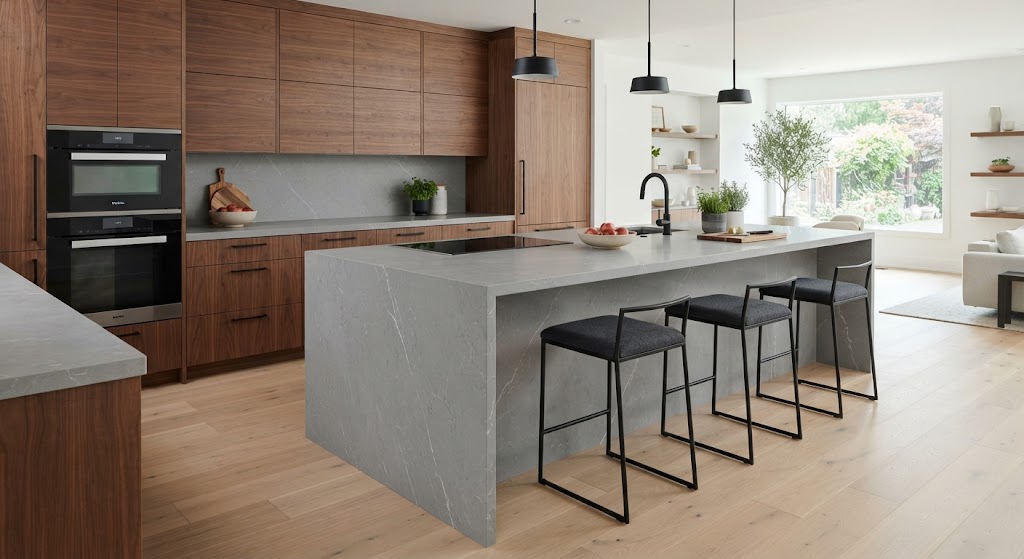 Pair gray stone with walnut