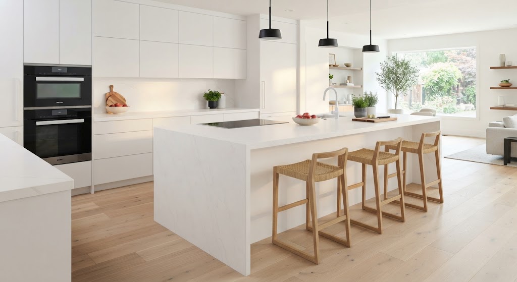 white island against white cabinetry