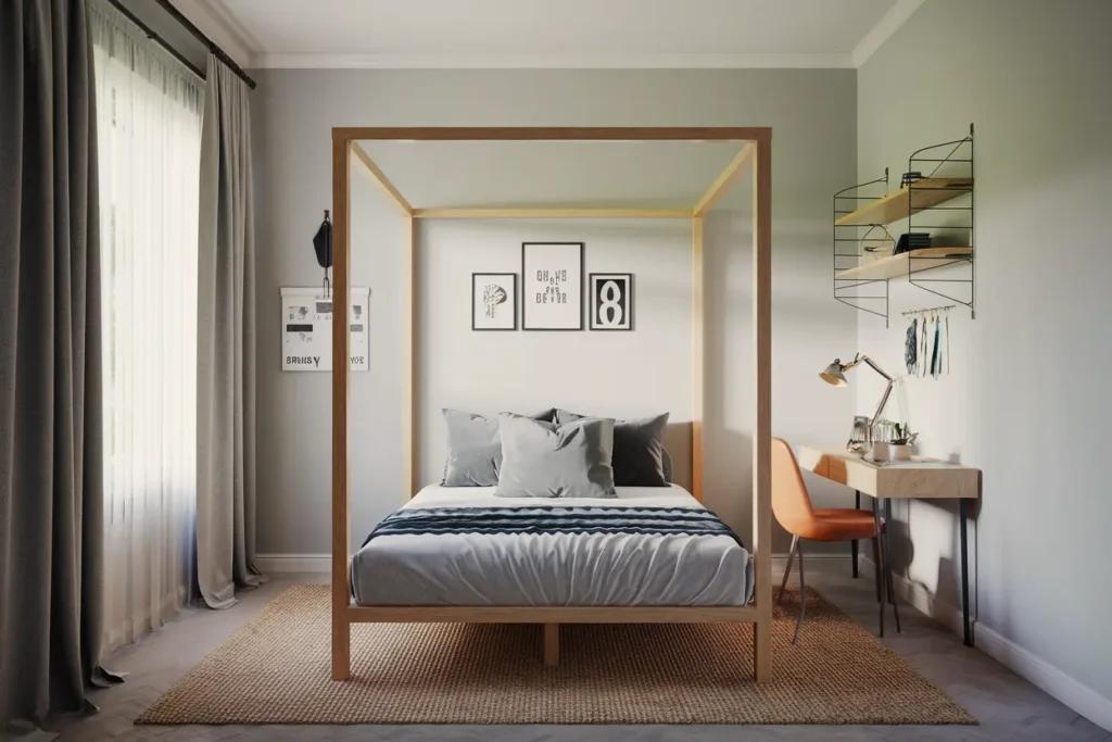 Slim metal canopy bed in a small bedroom