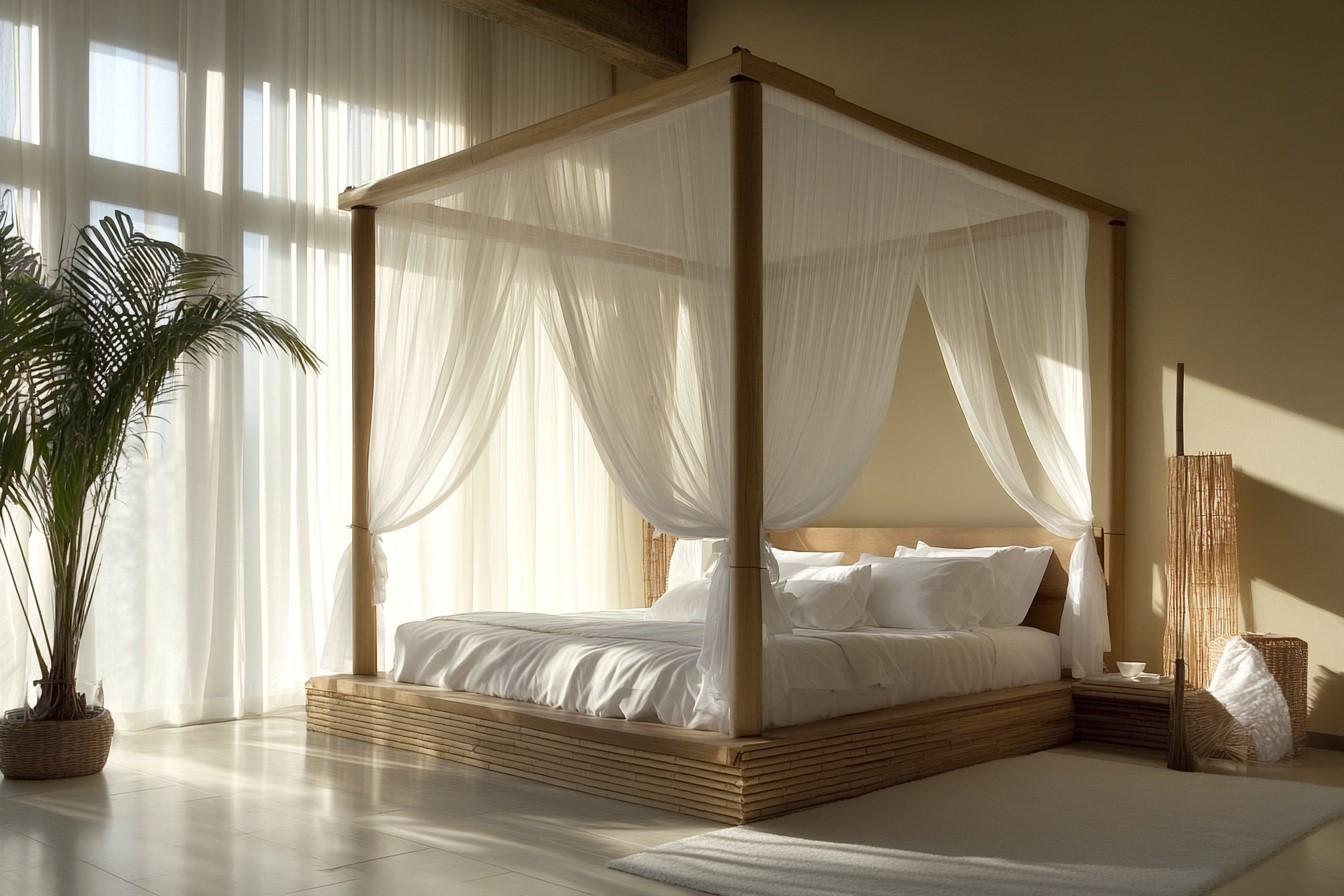 Modern wooden canopy bed with sheer curtains
