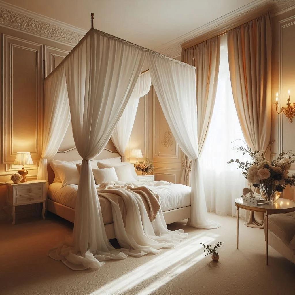 Canopy bed styled with light linen curtains