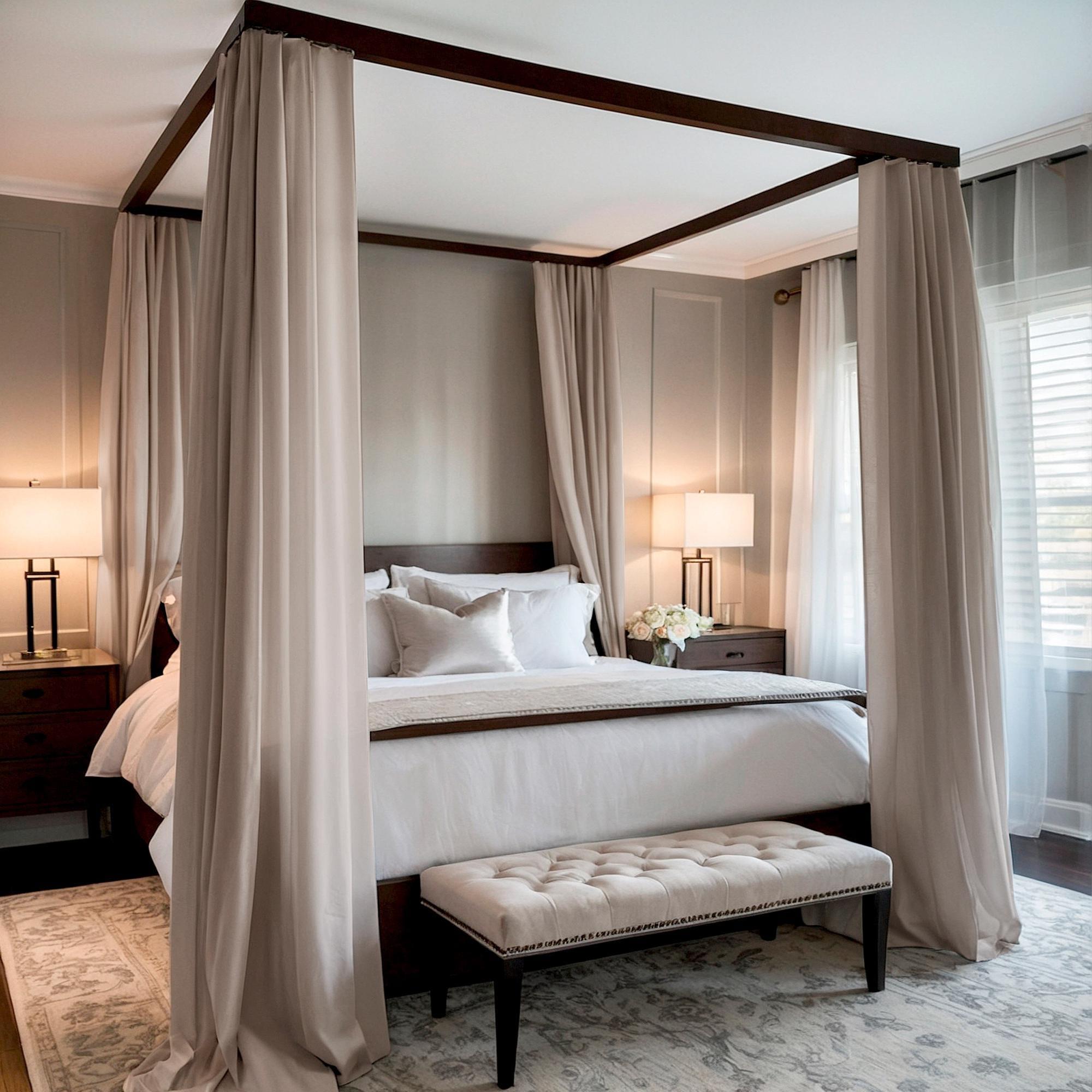 Canopy bed styled with light linen curtains