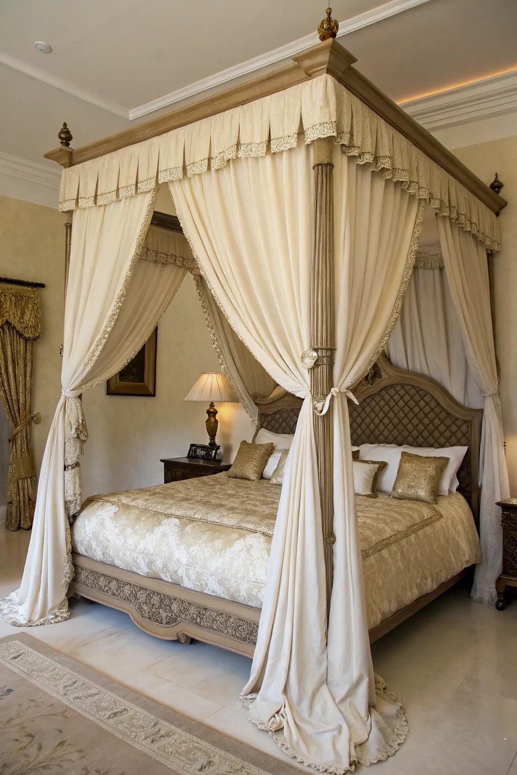 Canopy bed styled with light linen curtains