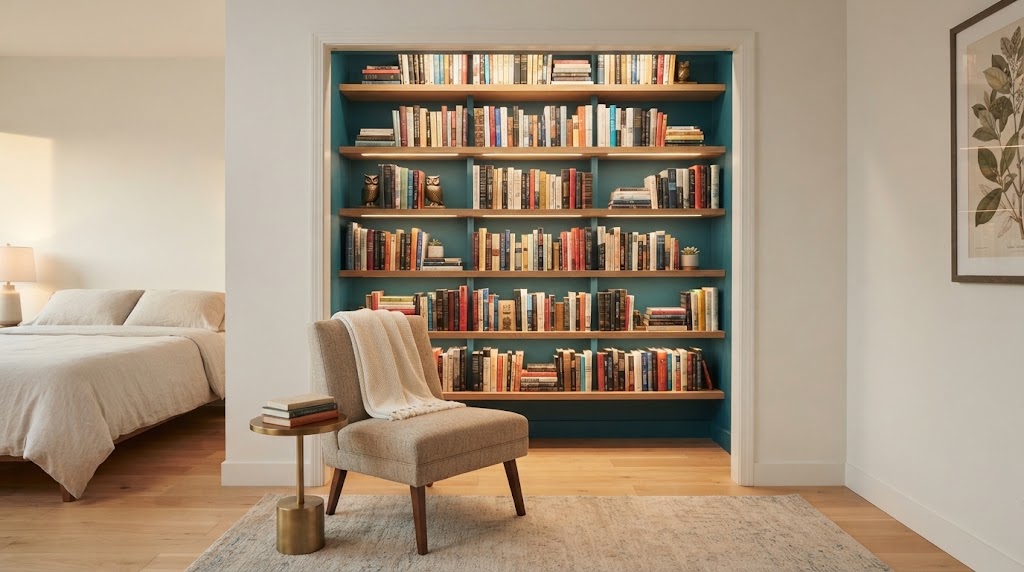 A shallow former bedroom closet converted into an open library alcove