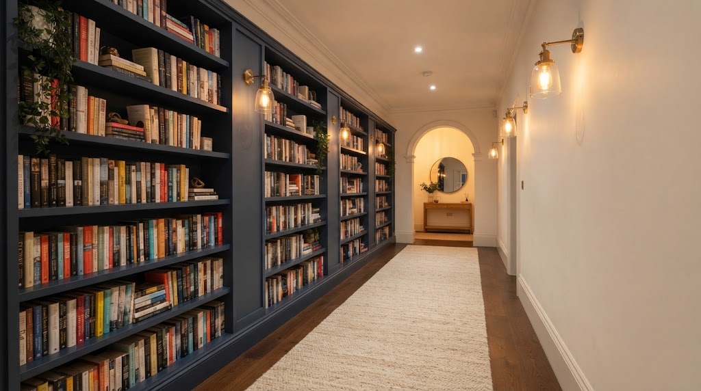 A generous residential hallway transformed into a small library
