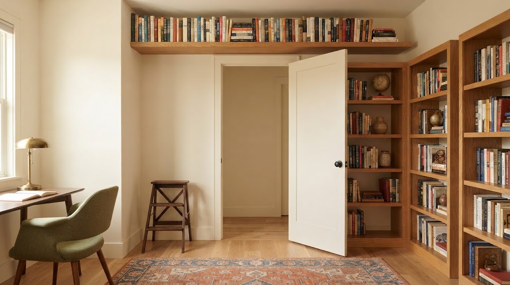 Shelve books above a doorway