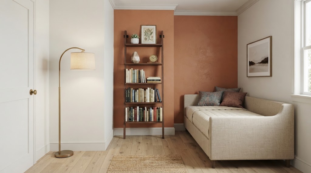 A compact guest room with a slim, secured ladder-style bookshelf