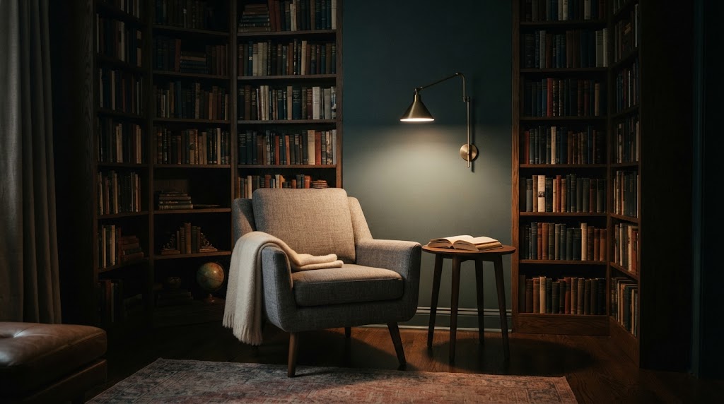A cozy evening library corner
