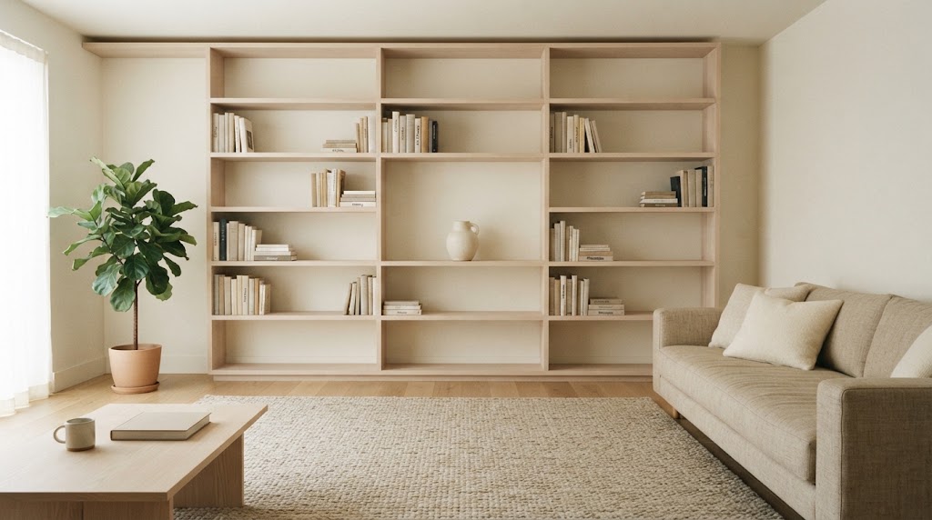 A minimalist home library wall in a modest living room