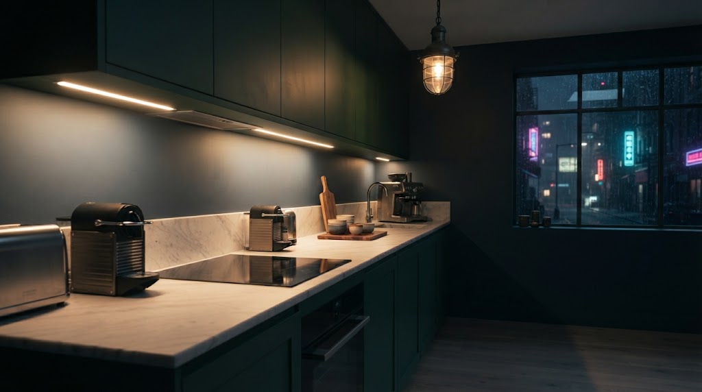 Moody evening kitchen with deep forest-green cabinets
