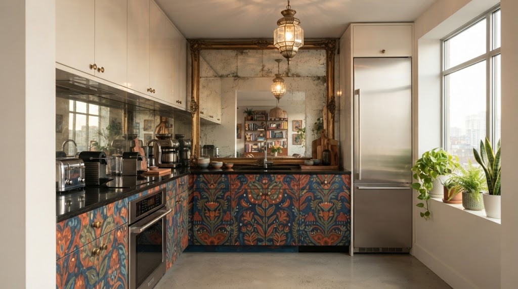 Small eclectic kitchen with a large antique-style mirror