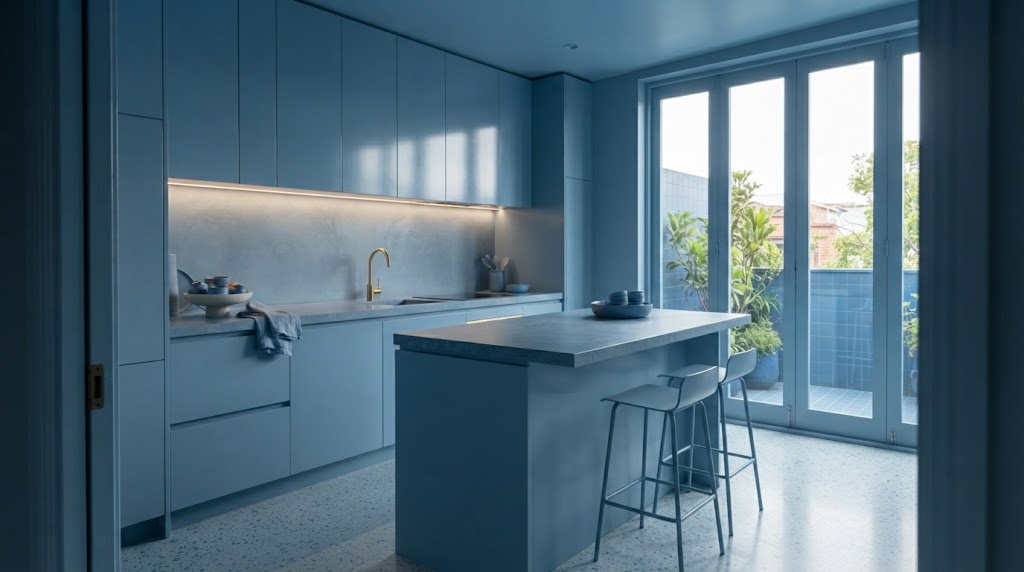 Monochromatic dusty-blue compact kitchen