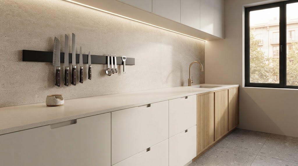 compact contemporary kitchen where magnetic wall storage