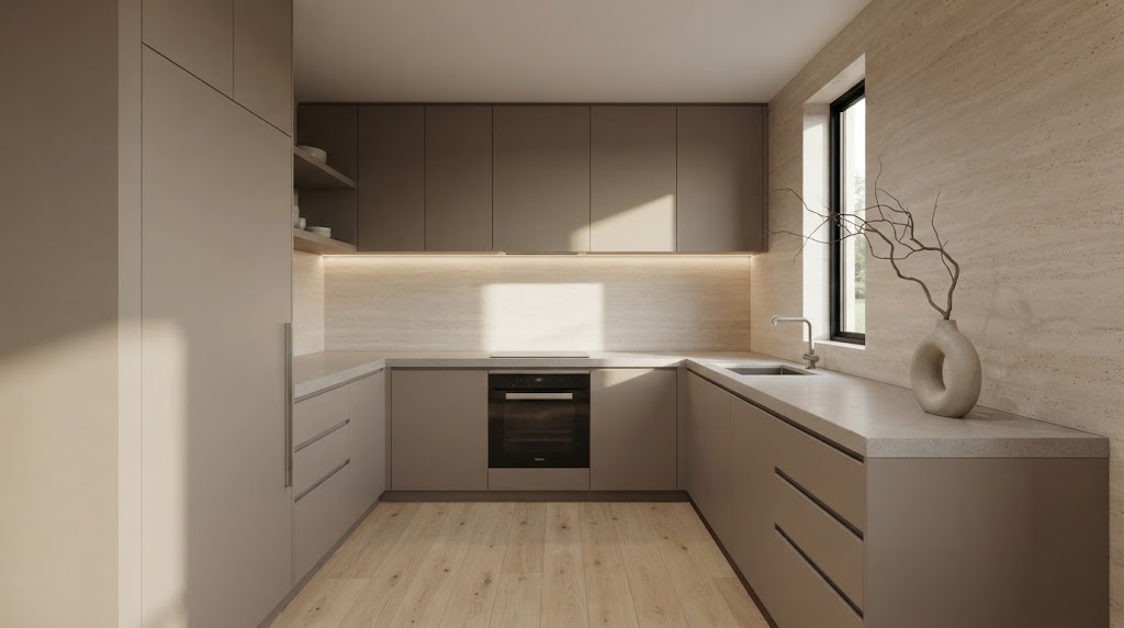 A sophisticated Japandi-style compact kitchen