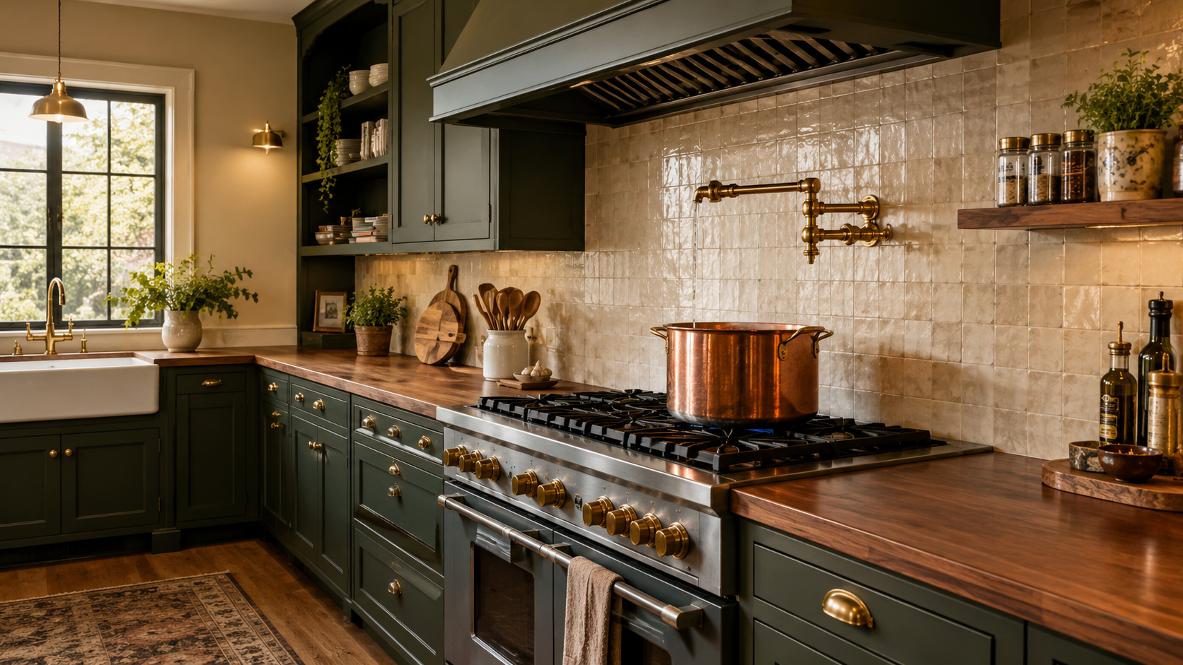 A stylish dark green culinary kitchen