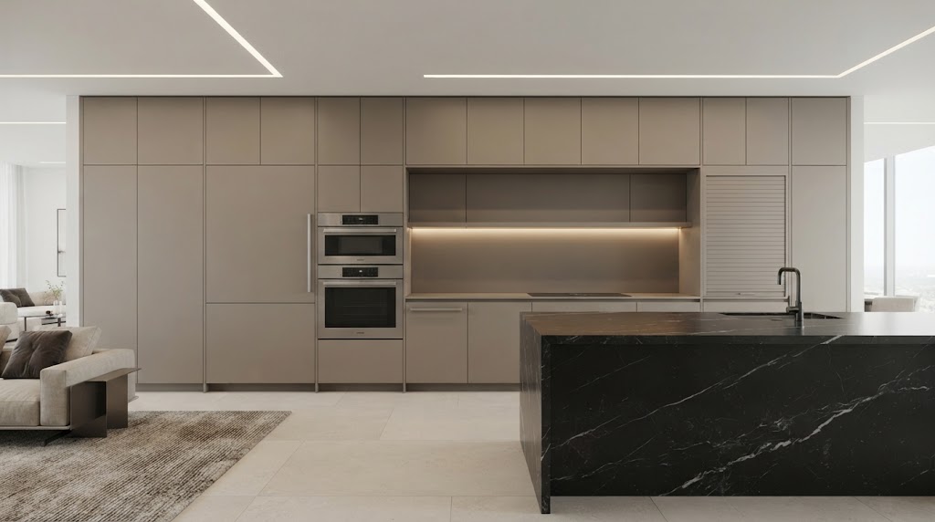 A sleek luxury contemporary apartment kitchen