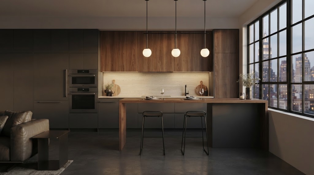 A stylish New York-style studio apartment kitchen