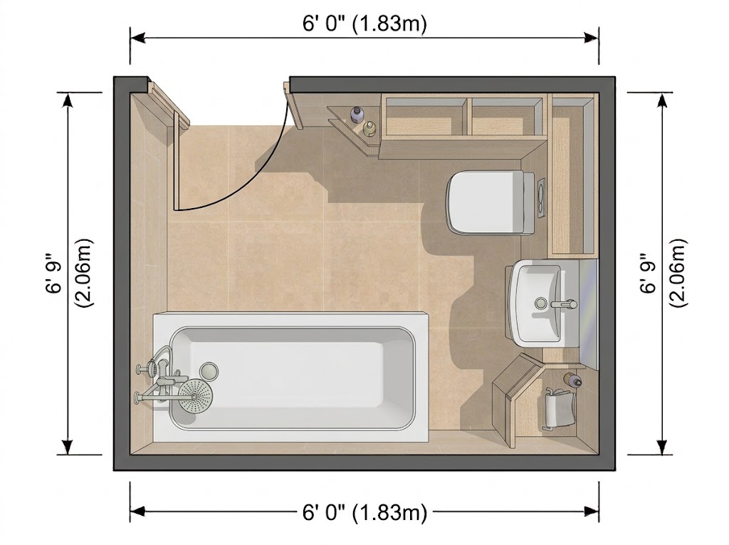 Small Full Bathroom With a Tub Across the Short Wall