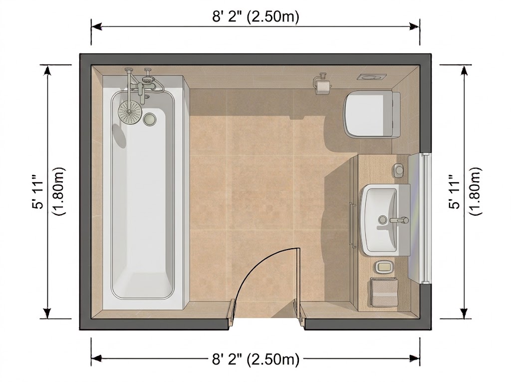 Rectangular Full Bathroom With a Tub and Long Vanity