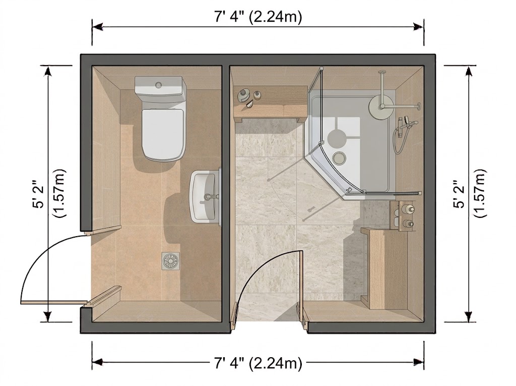 Tiny Split Bathroom Layout With a Corner Shower