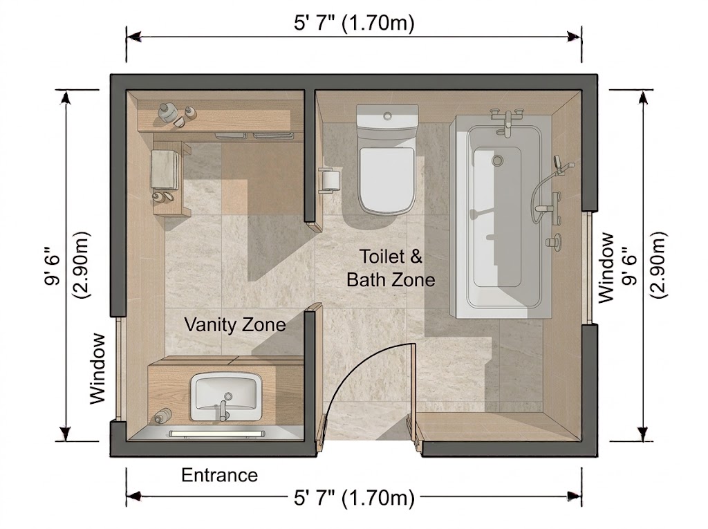 Small Narrow Bathroom Layout With a Separate Vanity Zone