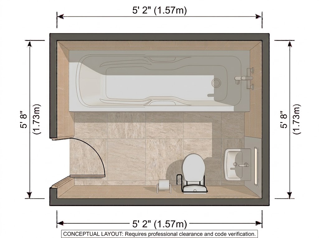 Tiny Full Bathroom Layout With a Tub
