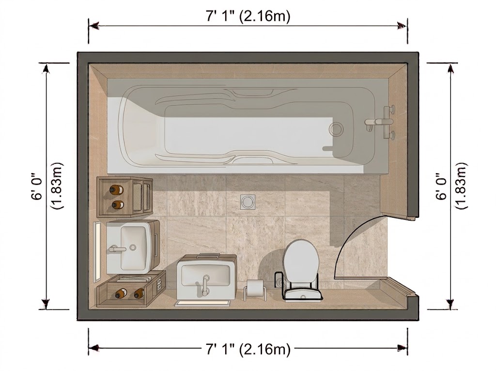 Small Full Bathroom With a Side-Positioned Tub
