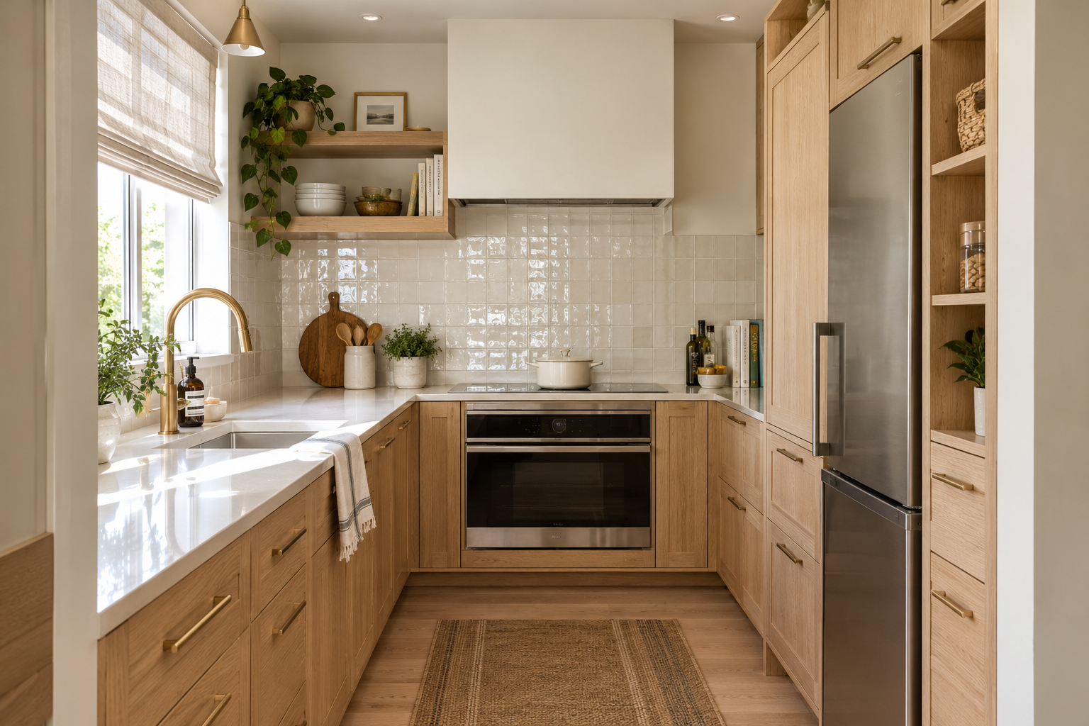 Small modern kitchen with light wood cabinets