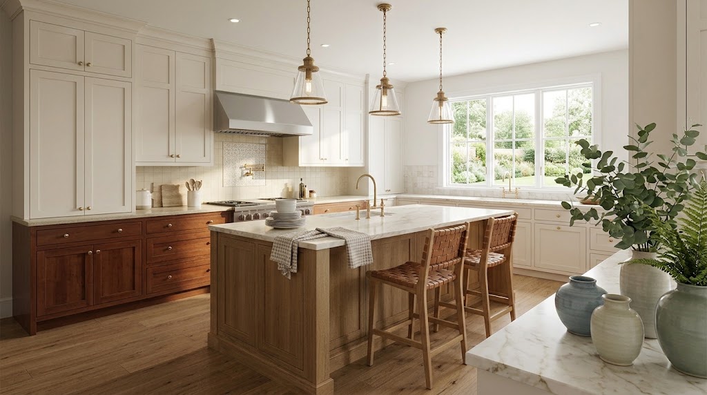 Warm Wood and White Kitchen Cabinets