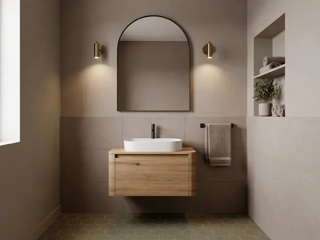 Contemporary Bathroom with Arched Mirror