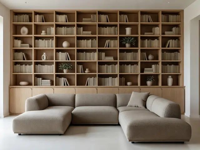 Contemporary Living Room with Library Wall