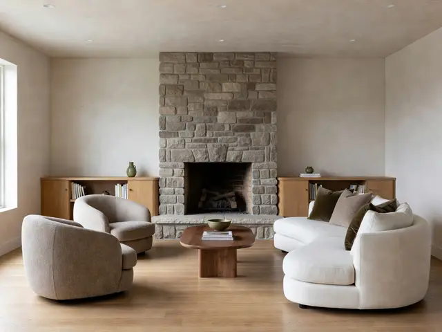 Contemporary Living Room with Stone Fireplace