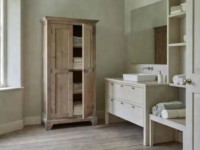 Farmhouse Bathroom with Linen Storage