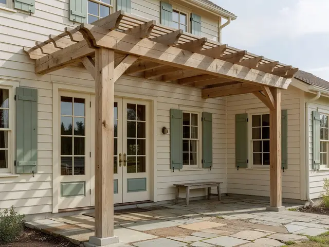 Farmhouse Exterior with Timber Pergola