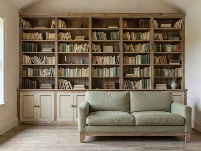Farmhouse Living Room with Library Wall