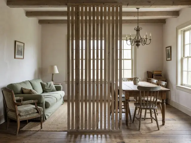 Farmhouse Living Room with Slatted Divider