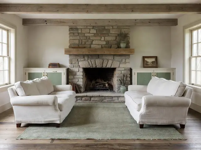 Farmhouse Living Room with Stone Fireplace
