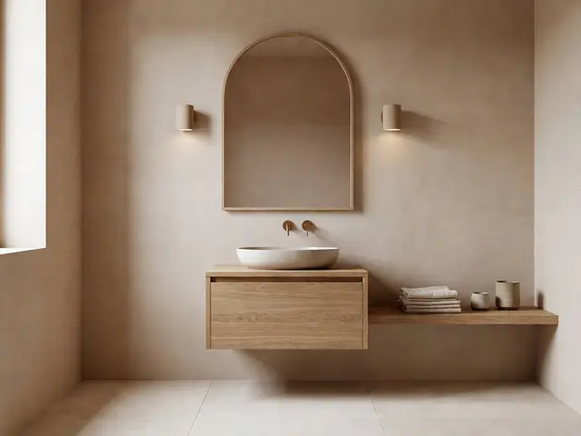 Japandi Bathroom with Arched Mirror