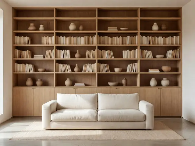 Japandi Living Room with Library Wall