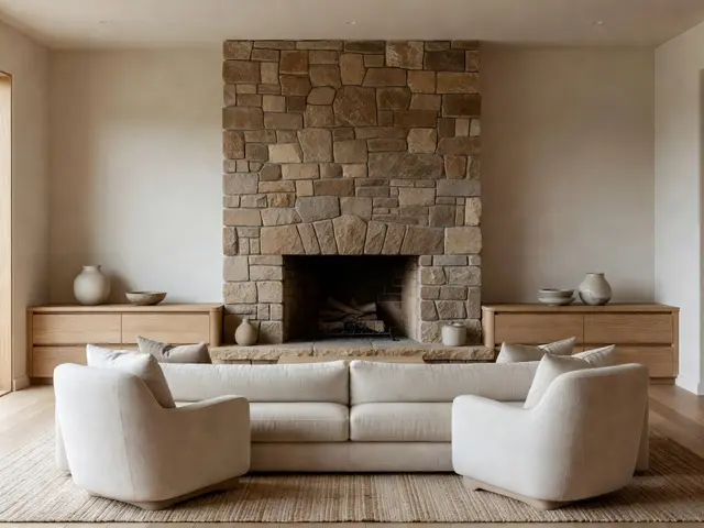 Japandi Living Room with Stone Fireplace