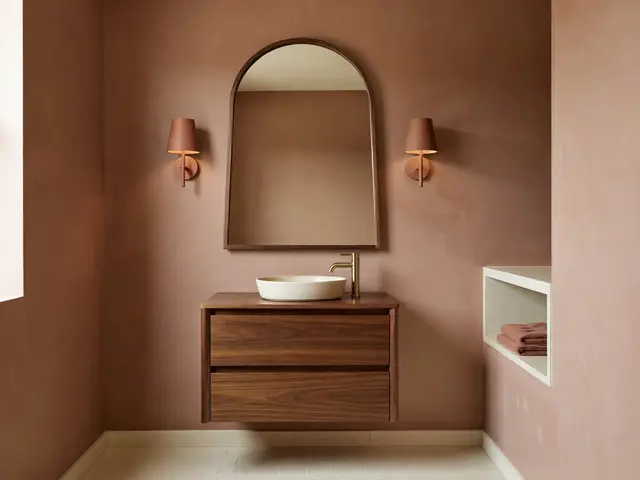 Mid-Century Modern Bathroom with Arched Mirror