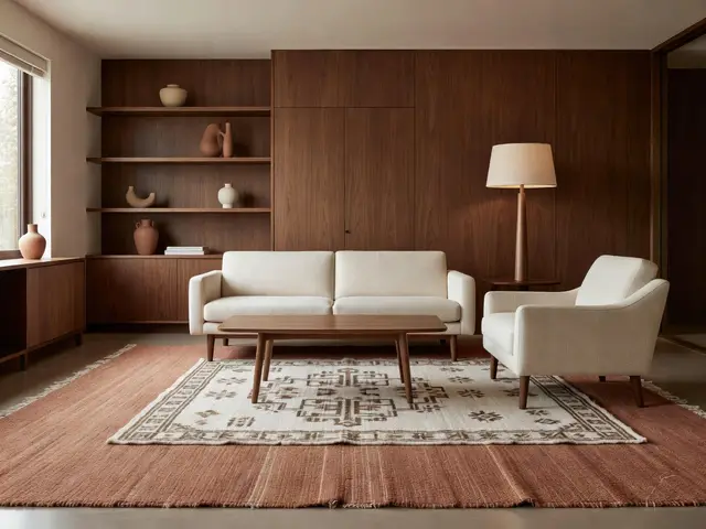 Mid-Century Modern Living Room with Layered Rugs