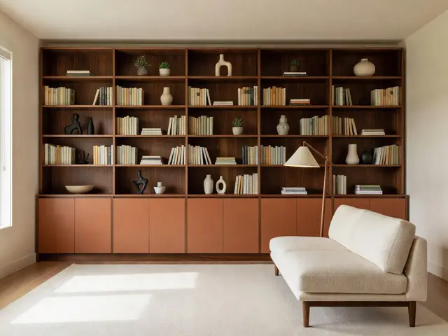 Mid-Century Modern Living Room with Library Wall