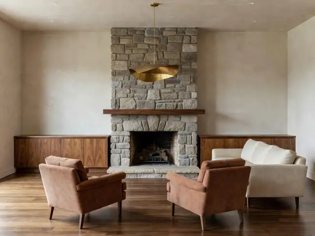 Mid-Century Modern Living Room with Stone Fireplace