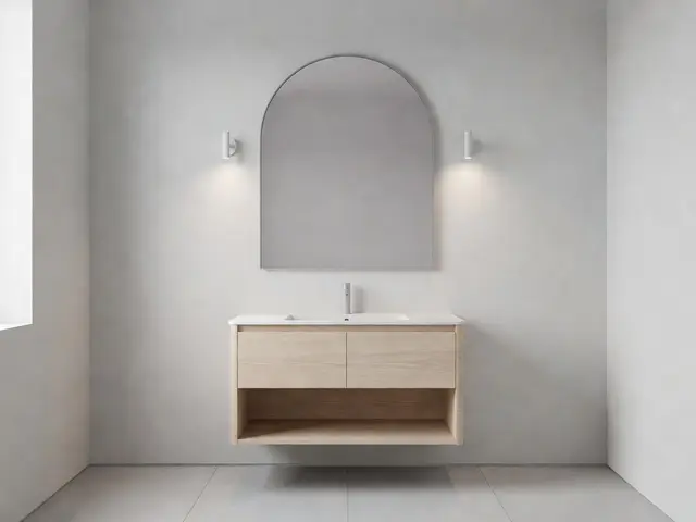Minimalist Bathroom with Arched Mirror