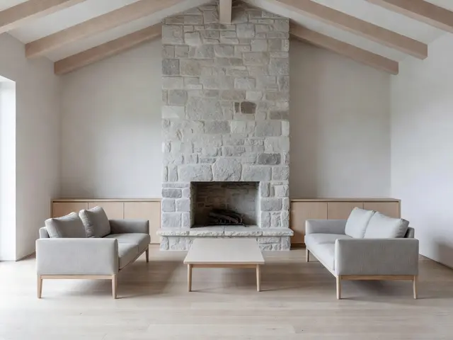 Minimalist Living Room with Stone Fireplace