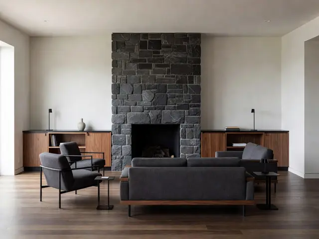 Modern Living Room with Stone Fireplace