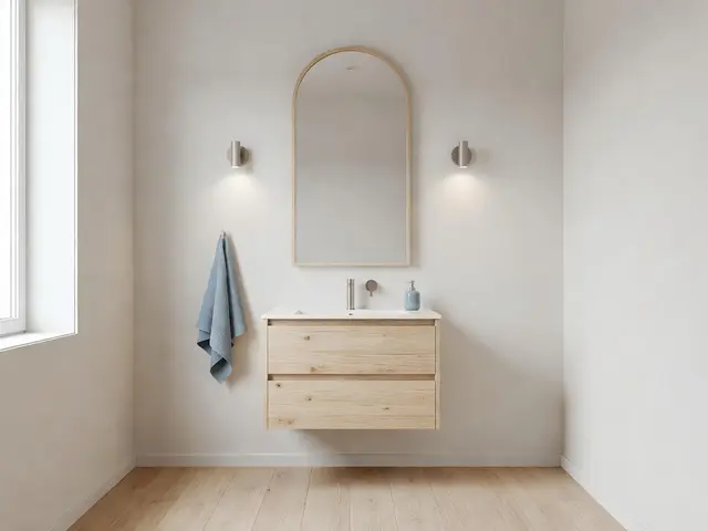 Scandinavian Bathroom with Arched Mirror